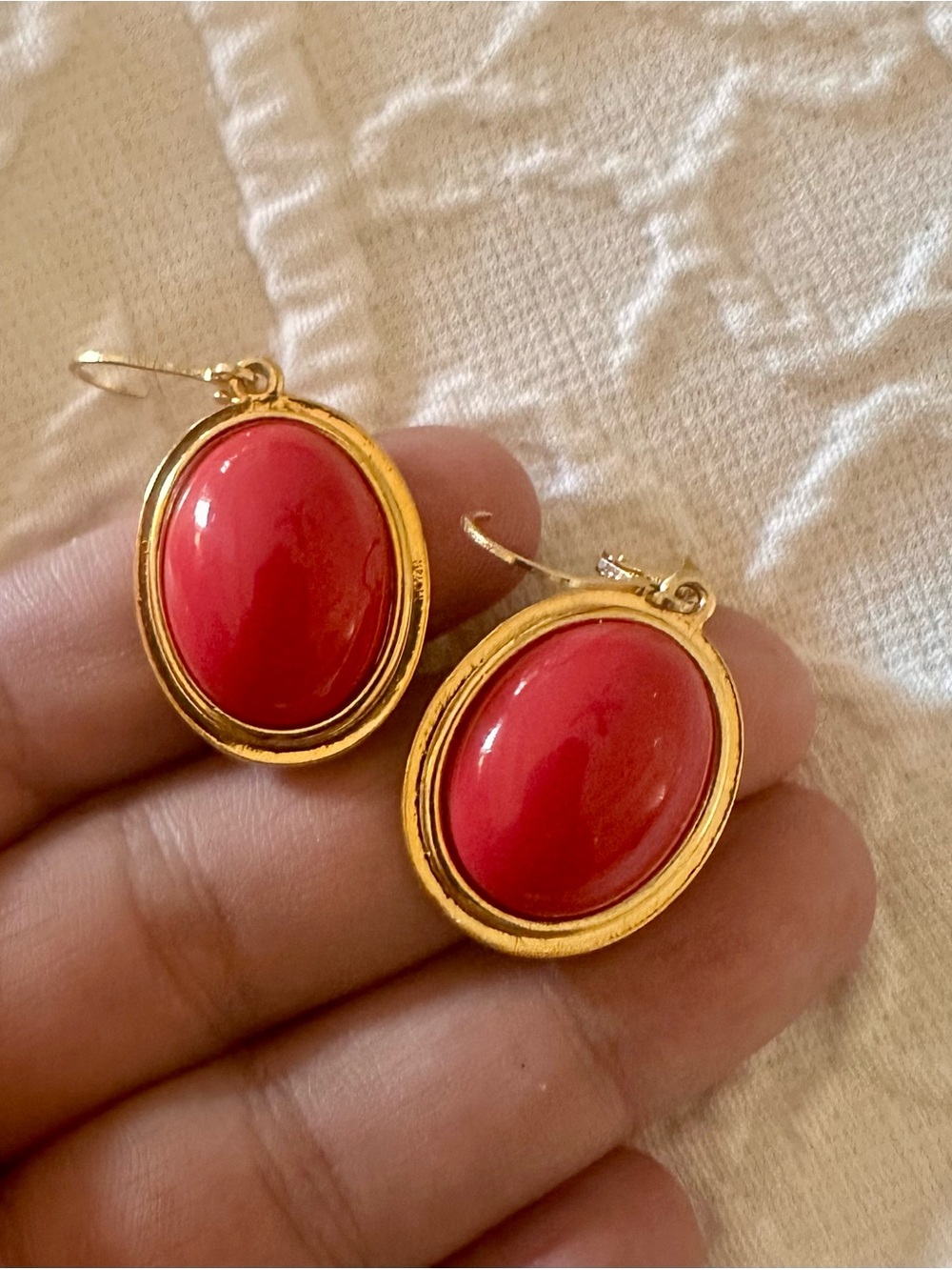 Gold and  Red Oval Drop Earrings